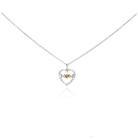 .925 Sterling Silver Rhodium Plated Yellow O Cz Heart Mom Pendant Necklace