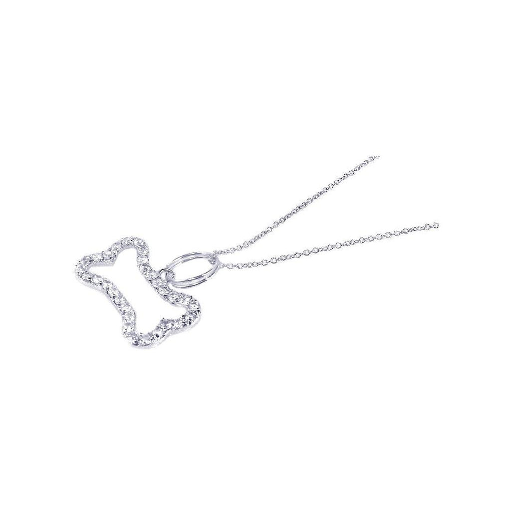 .925 Sterling Silver Rhodium Plated Cz Dog Bone Outline Pendant Necklace