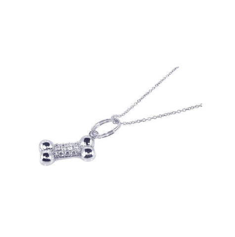 .925 Sterling Silver Rhodium Plated Pave Set Clear Cz Dog Bone Pendant Necklace