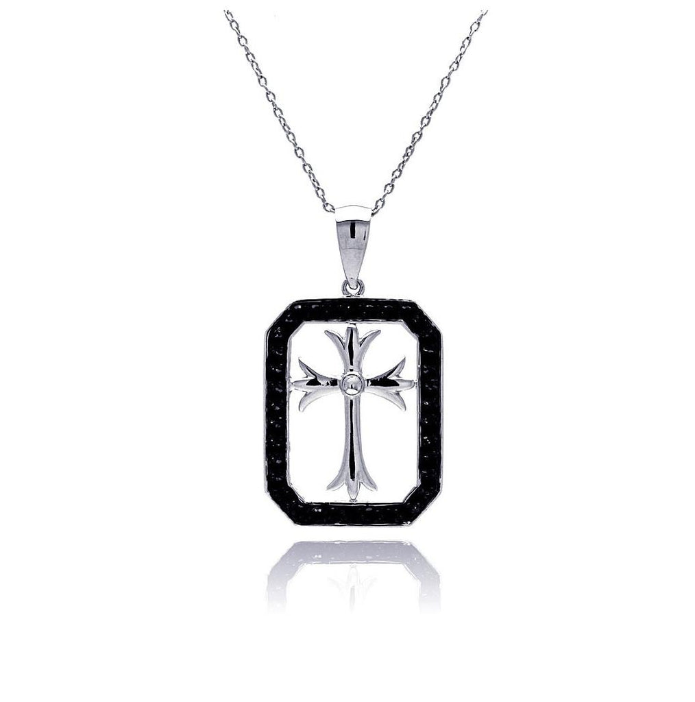 .925 Sterling Silver Rhodium & Black Rhodium Plated Black Cz Cross Pendant Necklace