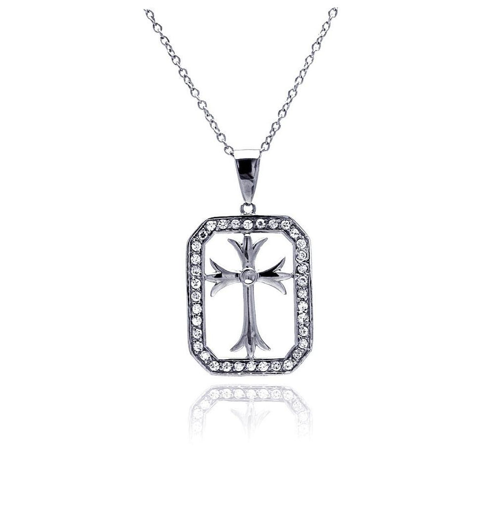 .925 Sterling Silver Rhodium Plated Clear Cz Cross Pendant Necklace