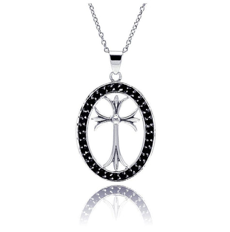 .925 Sterling Silver Rhodium & Black Rhodium Plated Black Cz Oval Border Cross Pendant Necklace