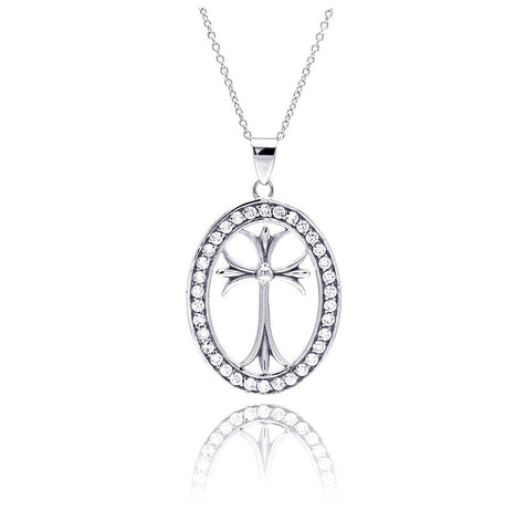 .925 Sterling Silver Rhodium Plated Clear Cz Oval Border Cross Pendant Necklace