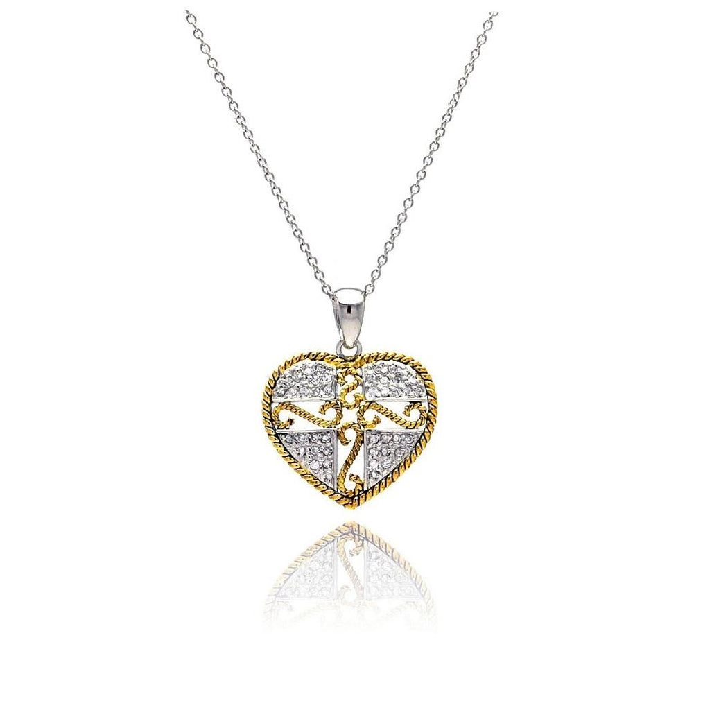 .925 Sterling Silver Gold & Silver Rhodium Plated Micro Pave Heart Filigree Cz Dangling Necklace