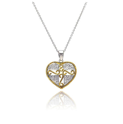 .925 Sterling Silver Gold & Silver Rhodium Plated Micro Pave Heart Filigree Cz Dangling Necklace