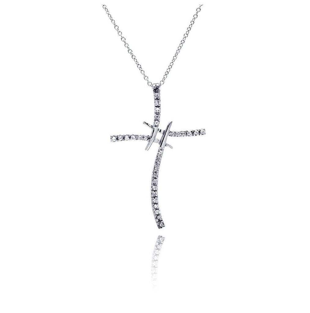 .925 Sterling Silver Rhodium Plated Multiple Cross Dagger Cz Inlay Necklace