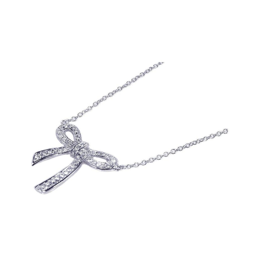 .925 Sterling Silver Rhodium Plated Bowtie Cz Inlay Necklace