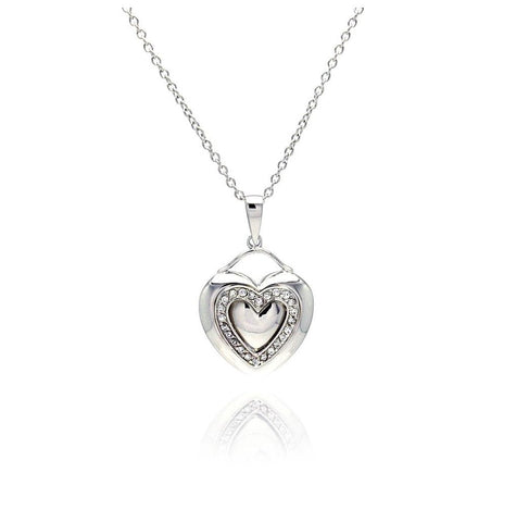 .925 Sterling Silver Rhodium Plated Heart Clear Cz Inlay Dangling Necklace