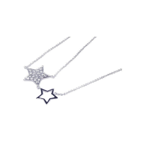 .925 Sterling Silver Rhodium Plated Open & Closed Star Cz Inlay Necklace