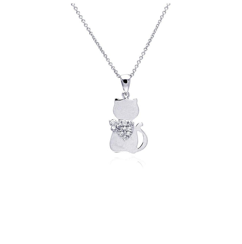 .925 Sterling Silver Rhodium Plated Cat Heart Small Clear Cz Dangling Necklace