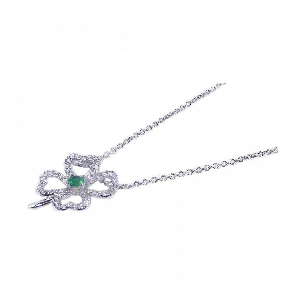 .925 Sterling Silver Rhodium Plated Clover Clear Cz Inlay Necklace