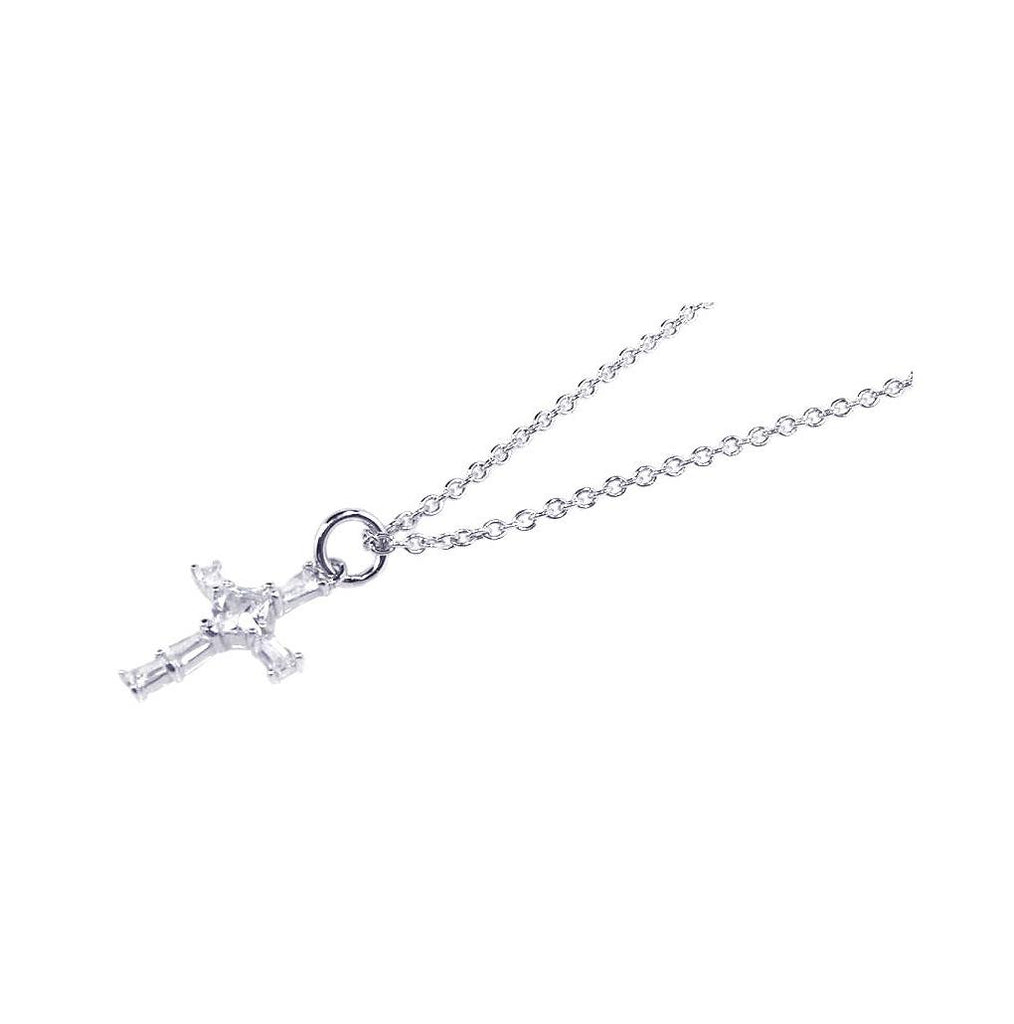 .925 Sterling Silver Rhodium Plated Cross Baguette & Square Cz Dangling Ring Necklace