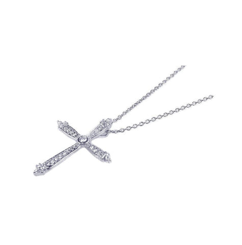 .925 Sterling Silver Rhodium Plated Cross Small Cz Inlay Dangling Necklace