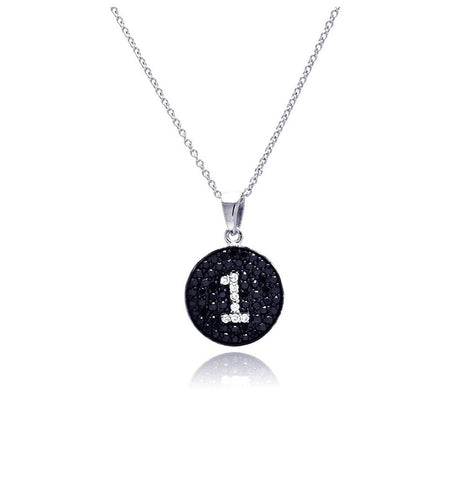 .925 Sterling Silver Black & Silver Rhodium Plated Number One Black & Clear Cz Dangling Necklace