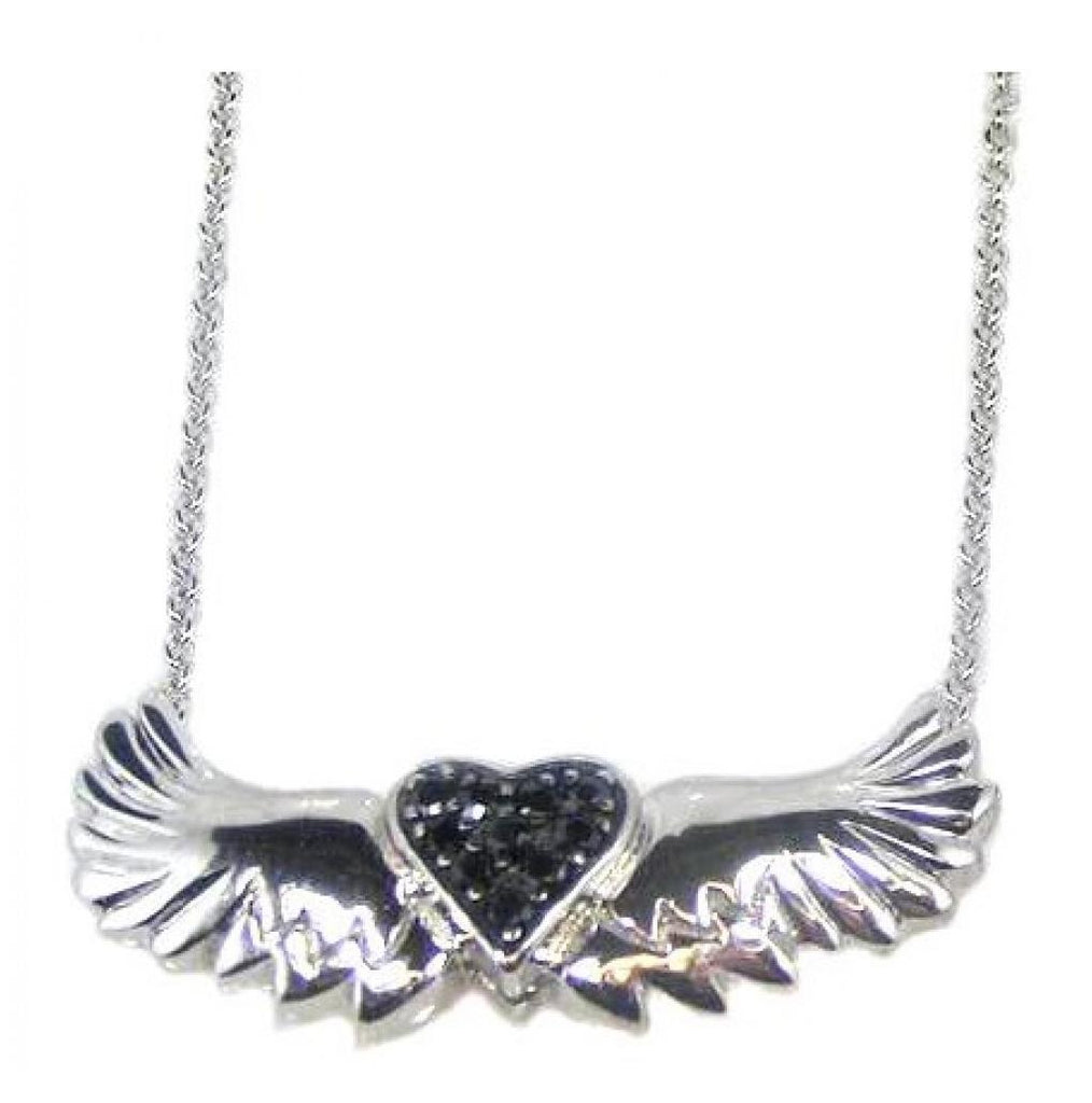 .925 Sterling Silver Rhodium Plated Winged Black Heart Cz Necklace