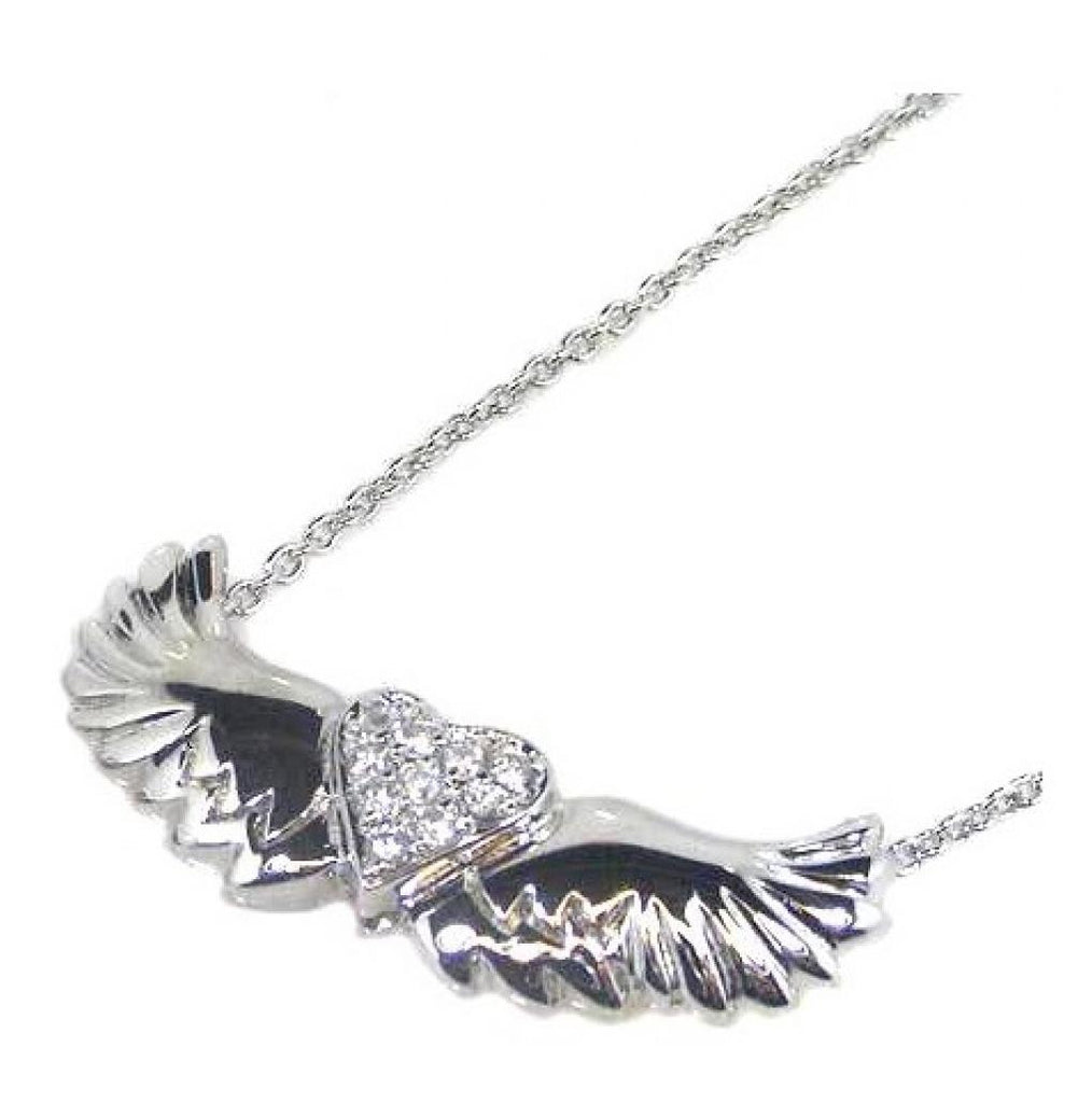 .925 Sterling Silver Rhodium Plated Winged Clear Heart Cz Necklace Stp00543