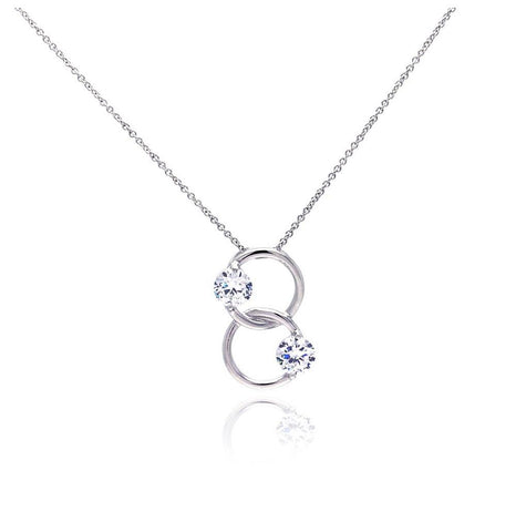 .925 Sterling Silver Rhodium Plated Two Ring Two Round Cz Necklace