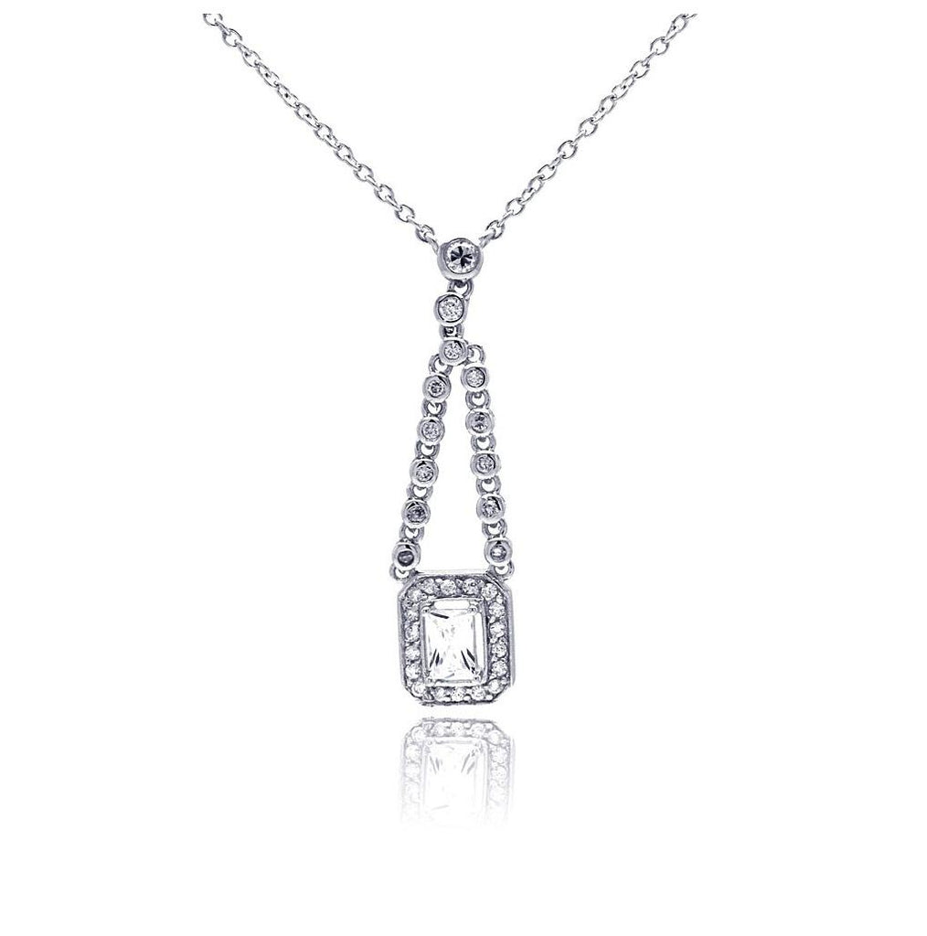 .925 Sterling Silver Rhodium Plated Rectangle Clear Cz Dangling Necklace