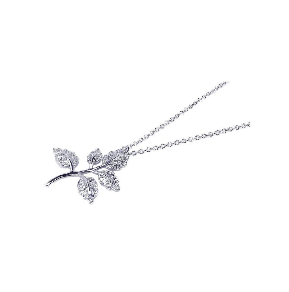 .925 Sterling Silver Rhodium Plated Leaf Branch Inlay Cz Necklace