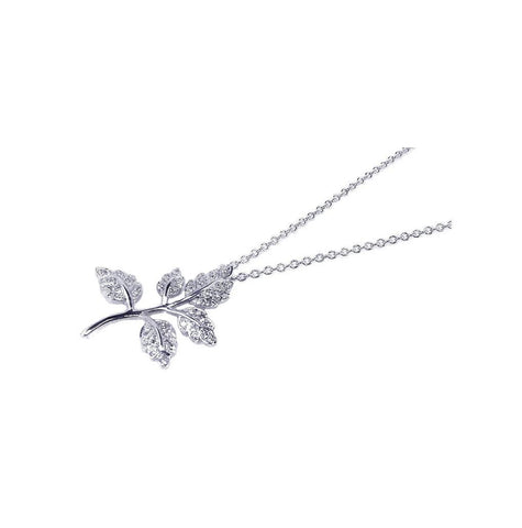 .925 Sterling Silver Rhodium Plated Leaf Branch Inlay Cz Necklace