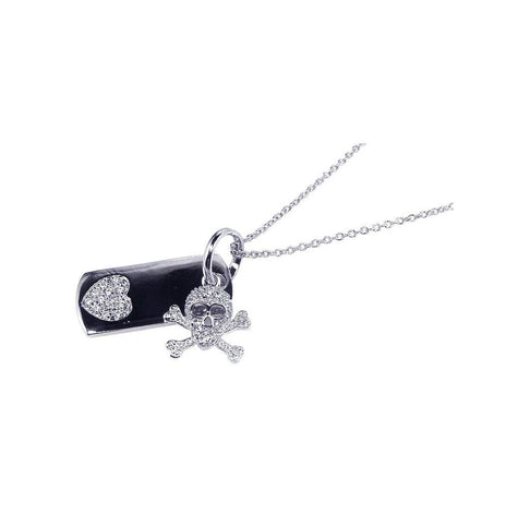 .925 Sterling Silver Rhodium Plated Dogtag Skull Cz Necklace