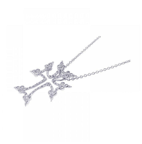 .925 Sterling Silver Rhodium Plated Clear Cz Tree Cross Pendant Necklace