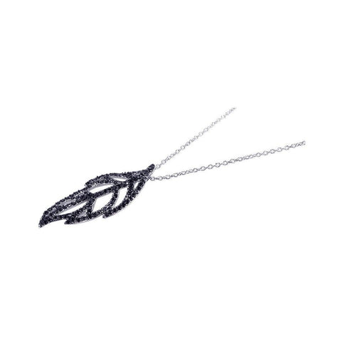 .925 Sterling Silver Black Rhodium Plated Clear Cz Black Leaf Pendant Necklace