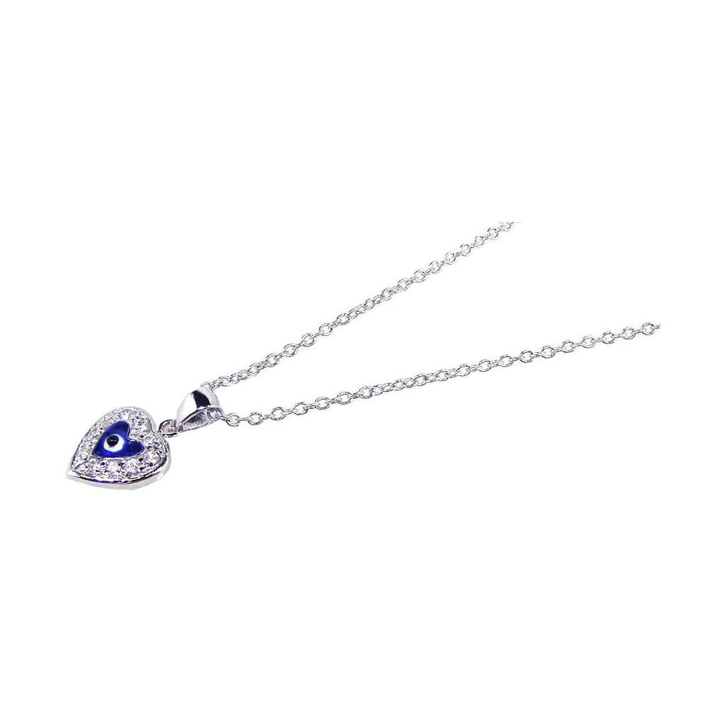 .925 Sterling Silver Rhodium Plated Clear Cz & Blue Stones Evil Eye Heart Pendant Necklace