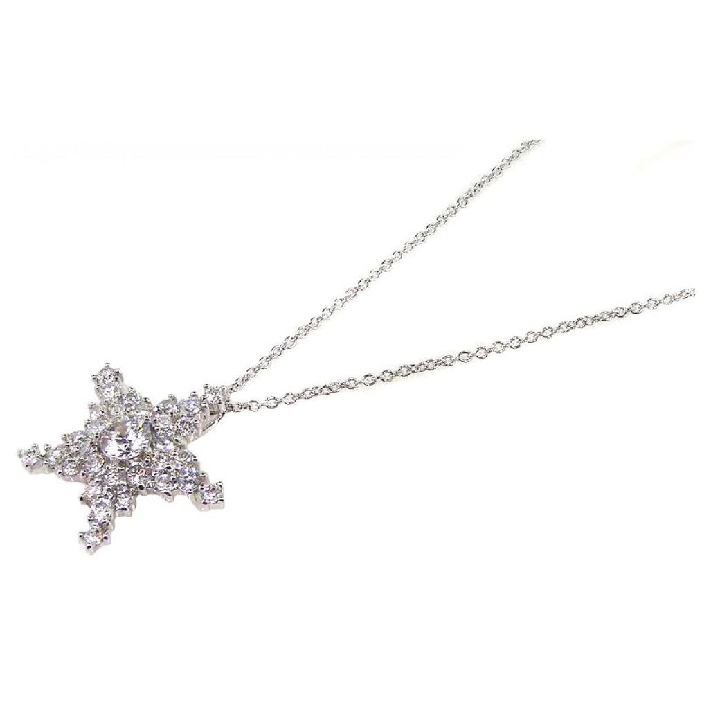 .925 Sterling Silver Rhodium Plated Clear Pave Set Cz Star Pendant Necklace