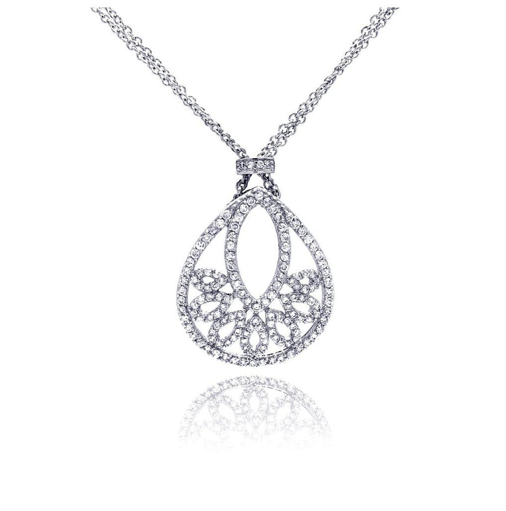 .925 Sterling Silver Rhodium Plated Clear Cz Drop Shape Pendant Necklace