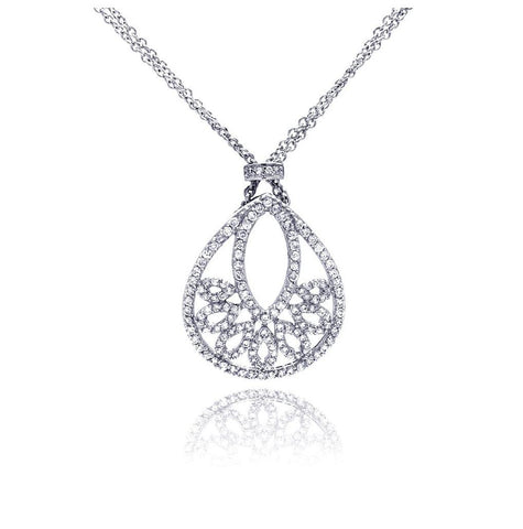 .925 Sterling Silver Rhodium Plated Clear Cz Drop Shape Pendant Necklace