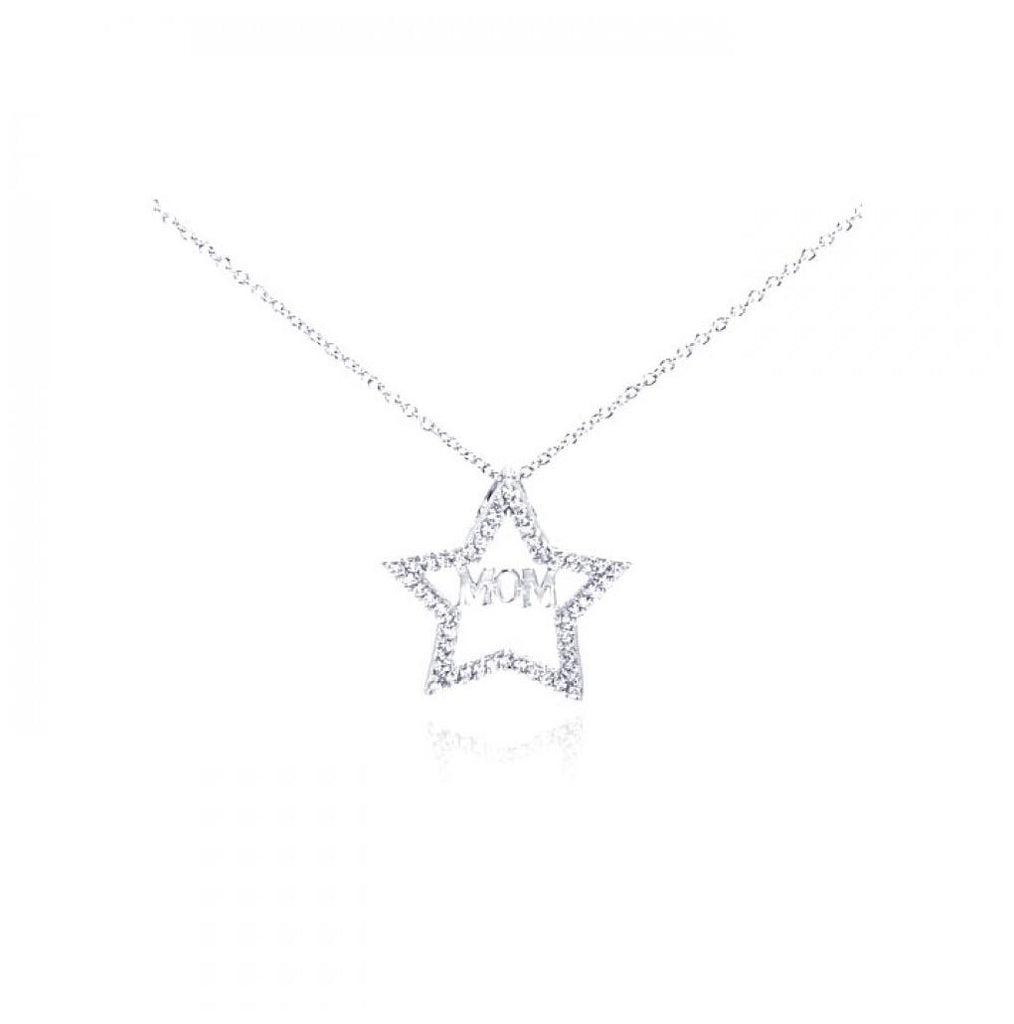 .925 Sterling Silver Rhodium Plated Clear Cz Mom Star Pendant Necklace