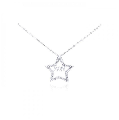 .925 Sterling Silver Rhodium Plated Clear Cz Mom Star Pendant Necklace