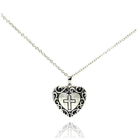 .925 Sterling Silver Rhodium Plated Clear Cz Black Onyx Heart Cross Pendant Necklace