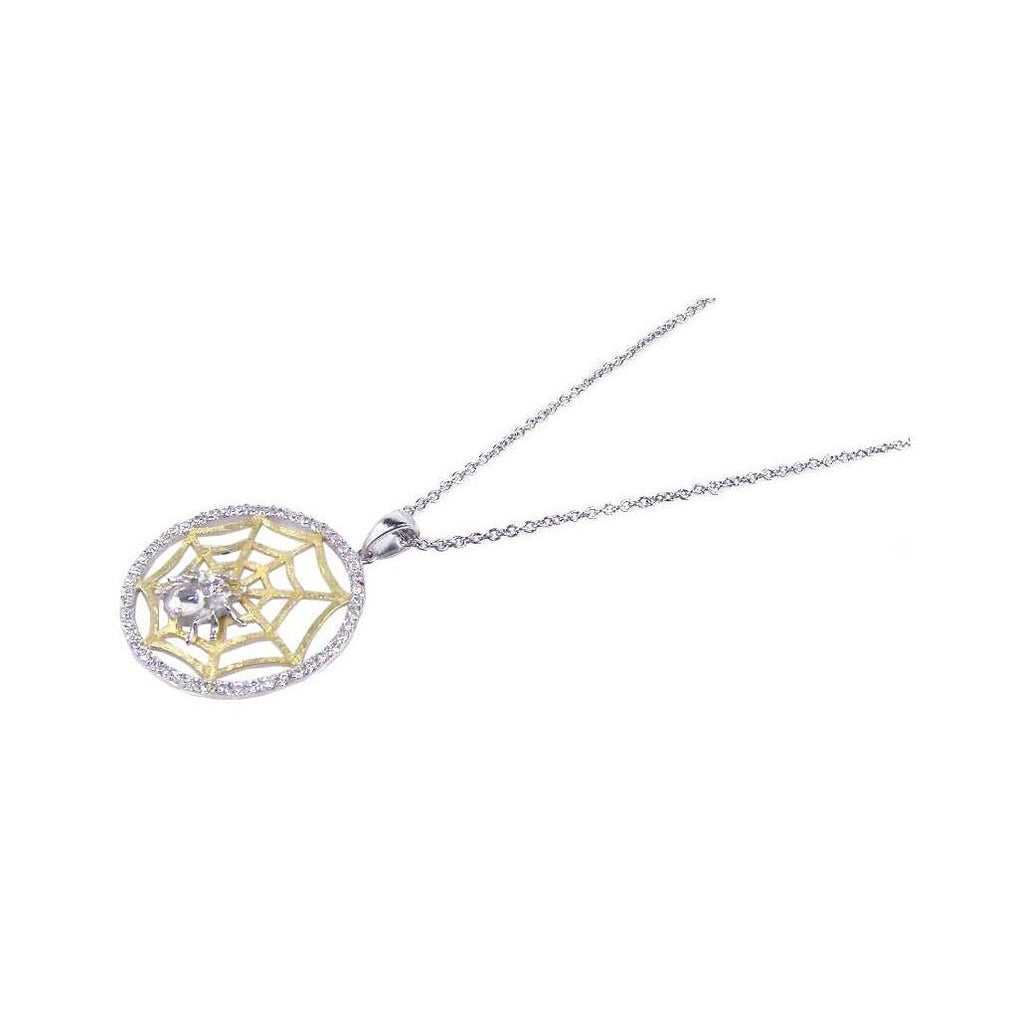 .925 Sterling Silver Gold & Rhodium Plated Clear Cz Spider Web Pendant Necklace