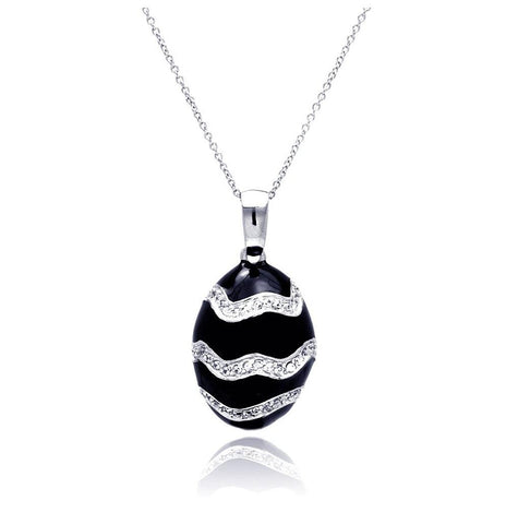 .925 Sterling Silver Rhodium Plated Onyx Eggshape Pendant Necklace