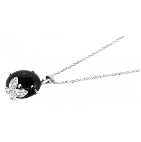 .925 Sterling Silver Rhodium Plated Round Onyx Clear Cz Butterfly Pendant Necklace Stp00628