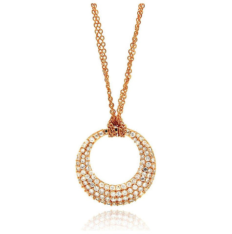 .925 Sterling Silver Rose Gold Plated Clear Cz Circle Pendant Necklace