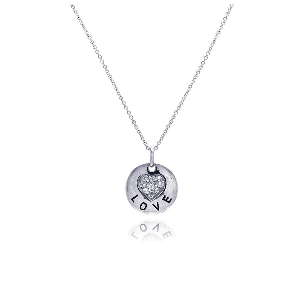 .925 Sterling Silver Rhodium Plated Clear Cz Love Round Pendant Necklace