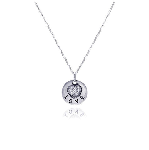 .925 Sterling Silver Rhodium Plated Clear Cz Love Round Pendant Necklace