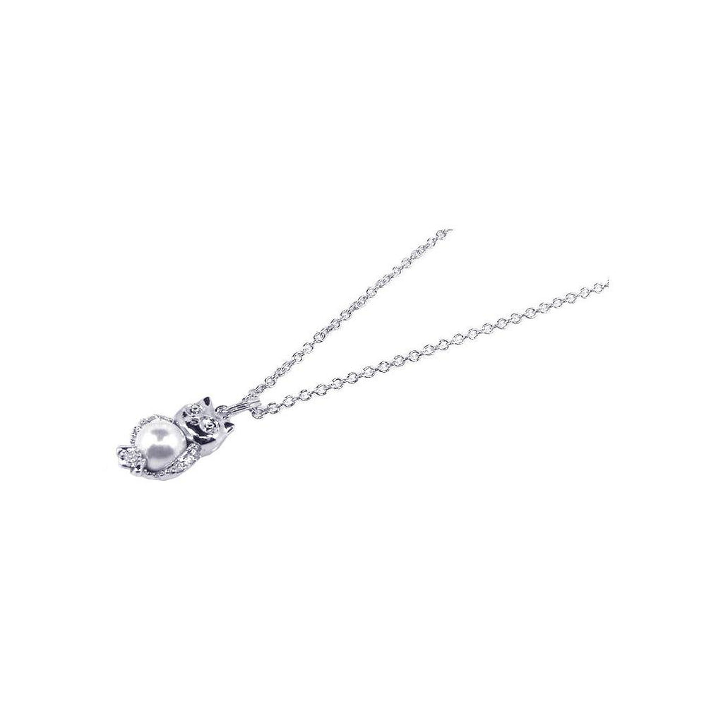 .925 Sterling Silver Rhodium Plated Pearl & Cz Owl Pendant Necklace