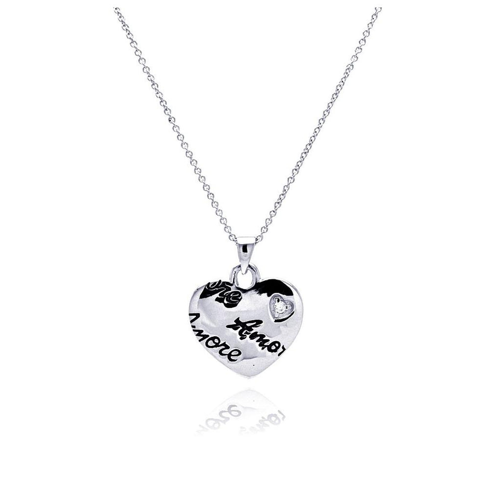 .925 Sterling Silver Rhodium Plated Clear Cz Amore Love Heart Pendant Necklace