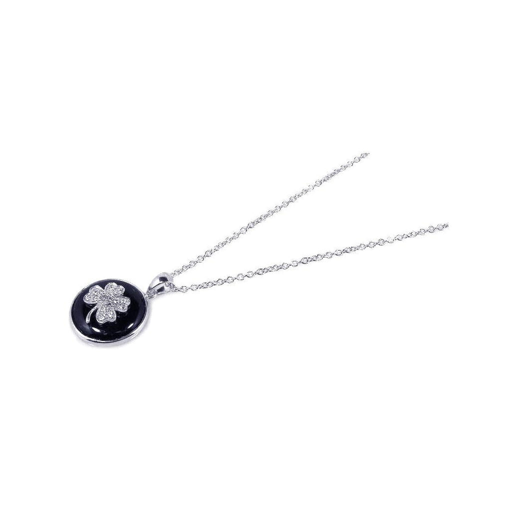 .925 Sterling Silver Rhodium Plated Onyx Clover Pendant Necklace