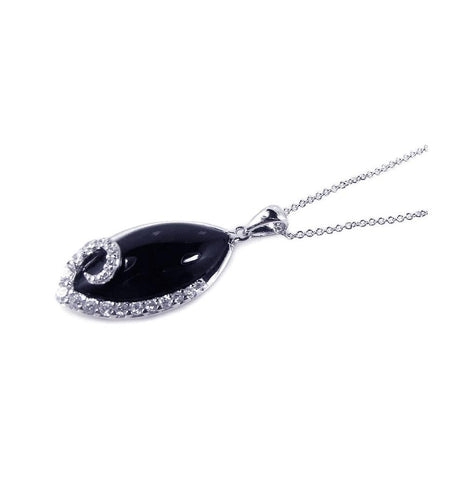 .925 Sterling Silver Rhodium Plated Onyx Eye-shape Pendant Necklace