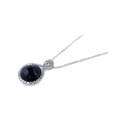 .925 Sterling Silver Rhodium Plated Onyx Circle Pendant Necklace