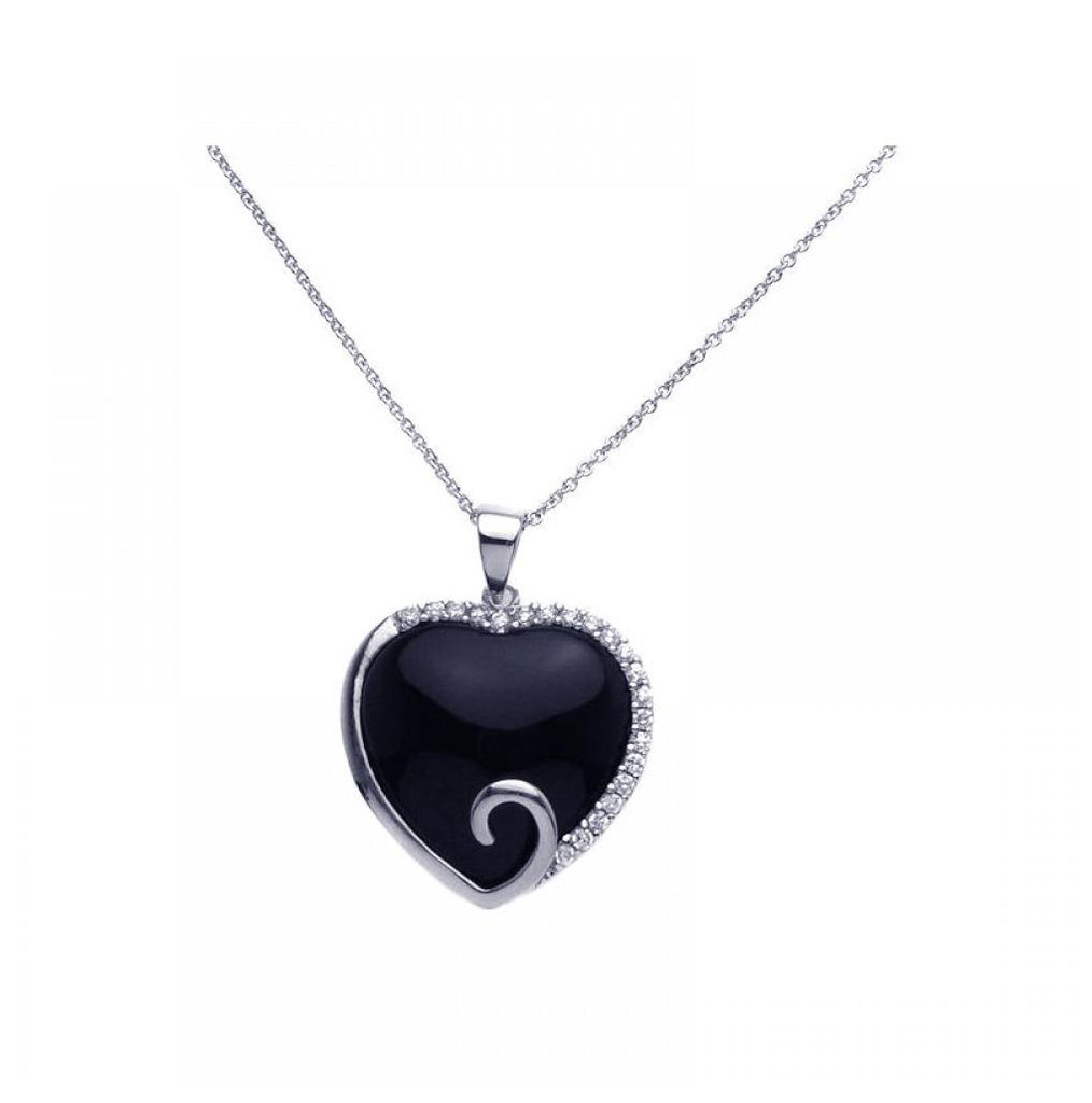 .925 Sterling Silver Rhodium Plated Onyx Heart Pendant Necklace