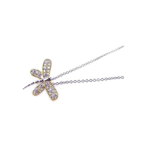 .925 Sterling Silver Gold Plated Clear Cz Dragonfly Pendant Necklace