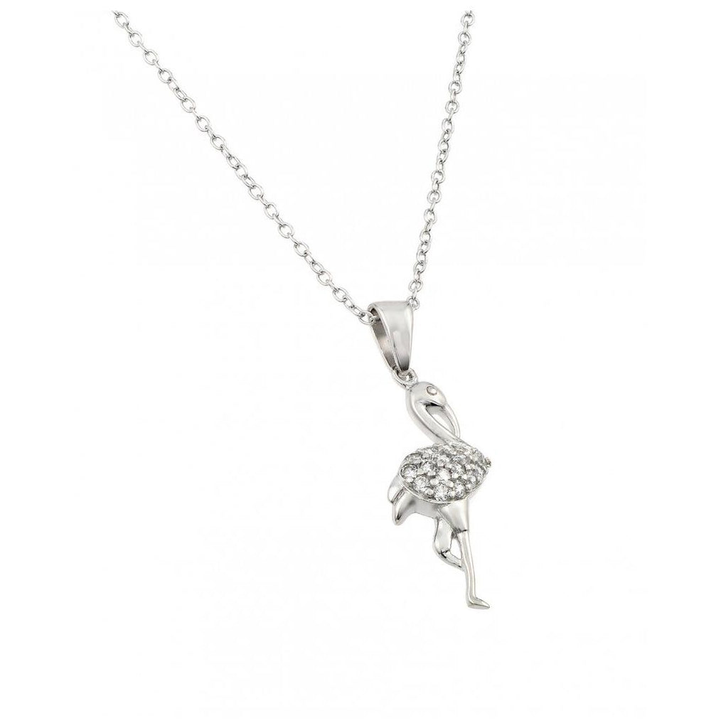 .925 Sterling Silver Rhodium Plated Clear Cz Flamingo Pendant Necklace