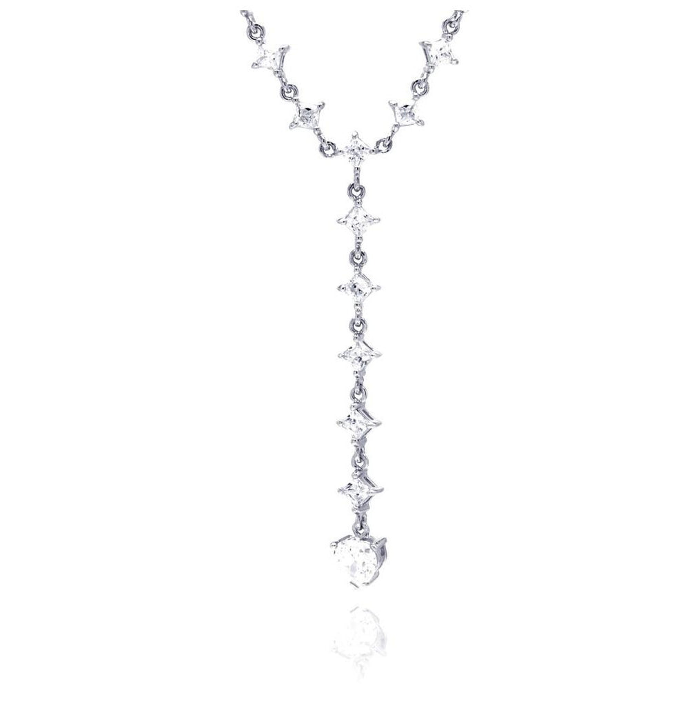 .925 Sterling Silver Rhodium Plated Clear Cz Dangling Pendant Necklace