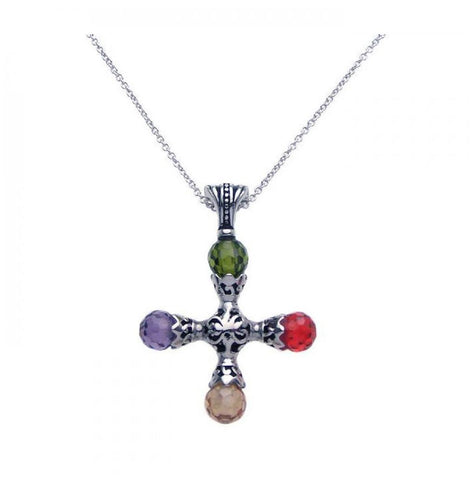 .925 Sterling Silver Rhodium Plated Colorful Stones Cross Pendant Necklace